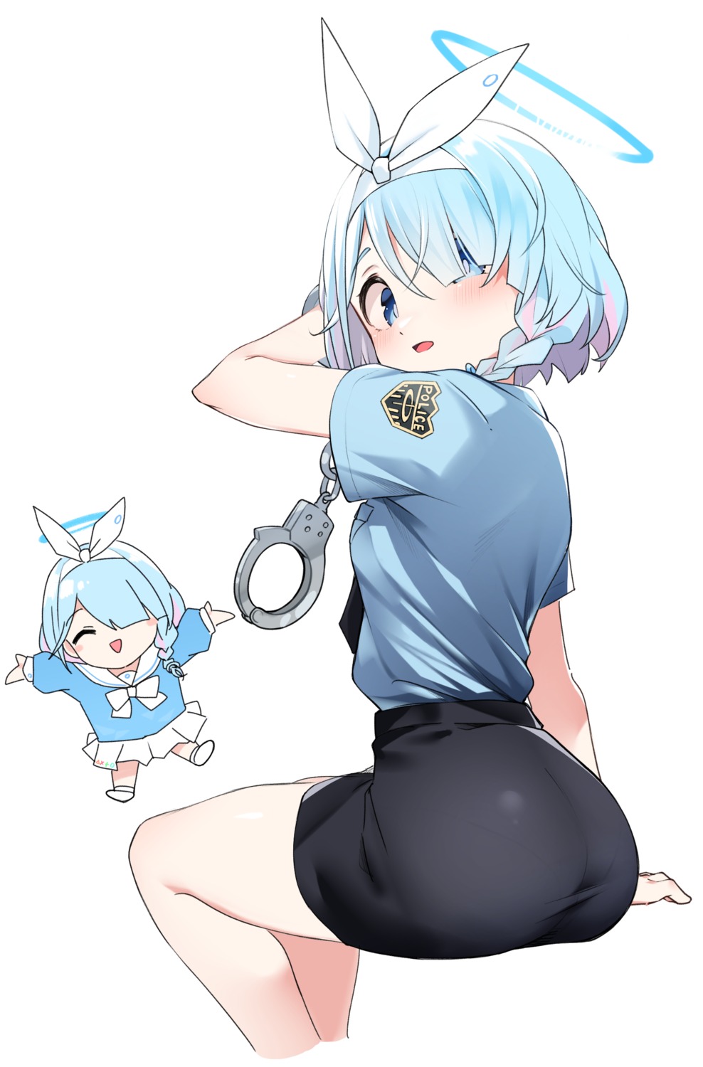 arona_(blue_archive), ass, blue_archive, chibi, halo, kandori, police_uniform, seifuku