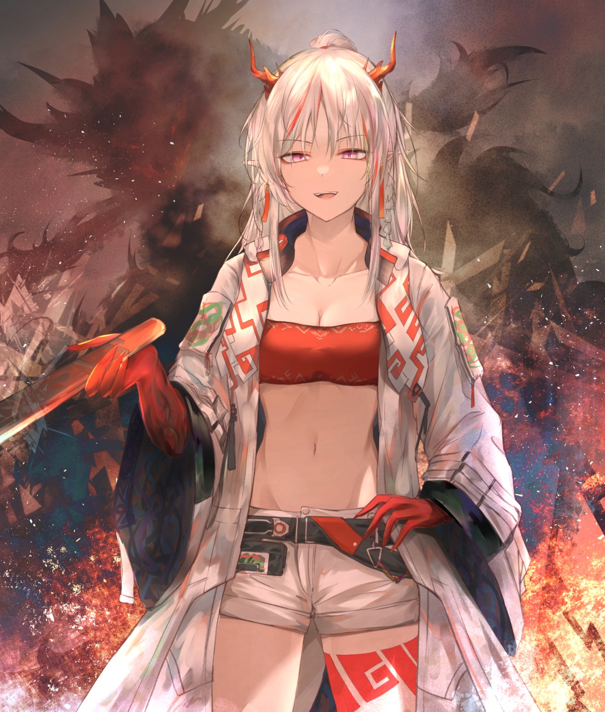 arknights, cleavage, horns, kiyakyuu, nian_(arknights), pointy_ears, tattoo