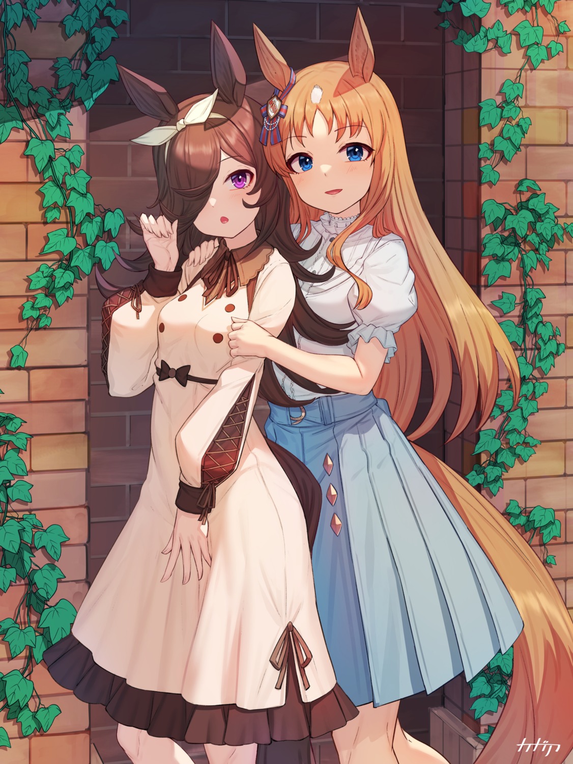 animal_ears, arpeggio_kaga, dress, grass_wonder_(umamusume), rice_shower_(umamusume), tail, uma_musume_pretty_derby