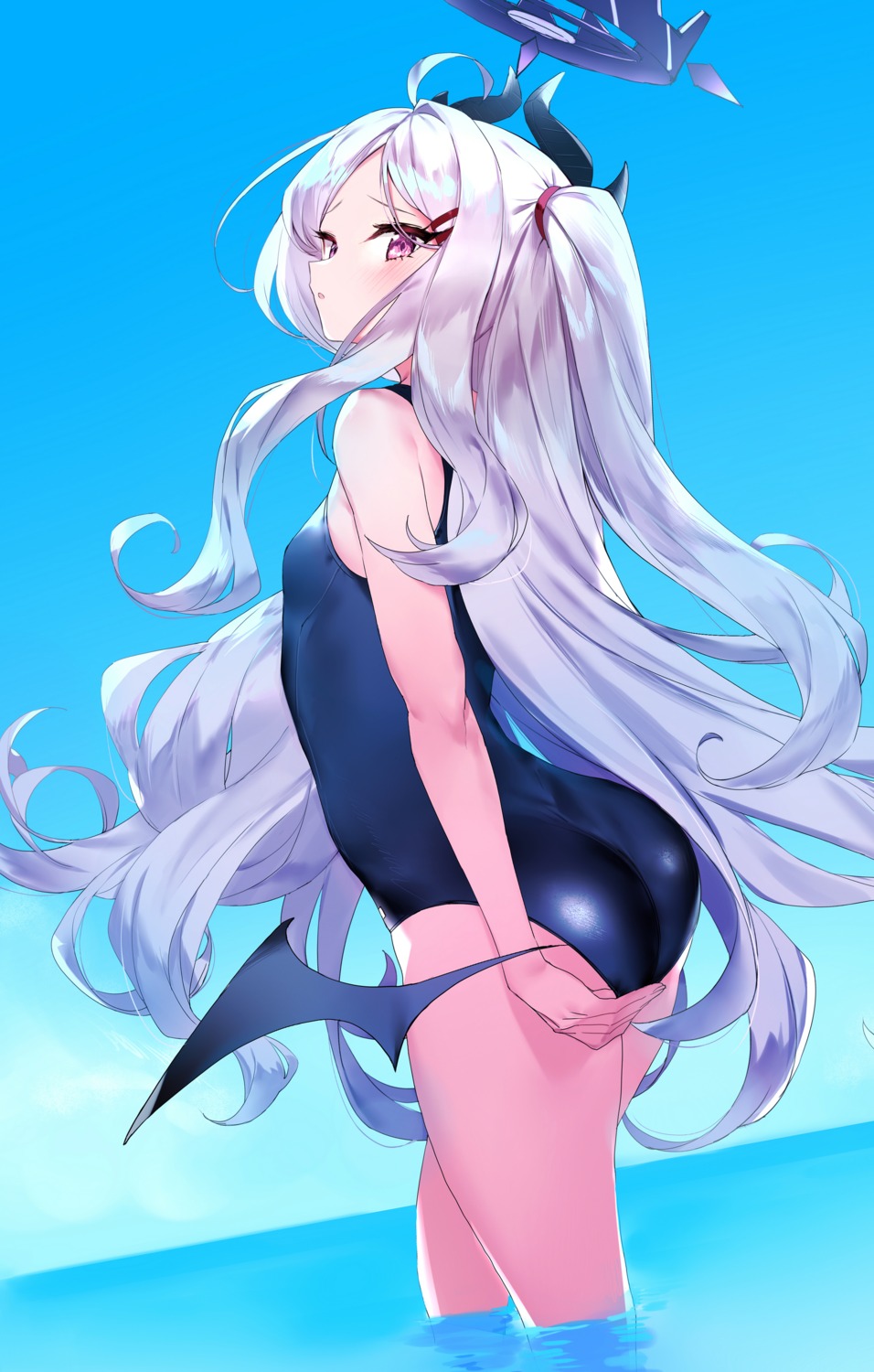 ass, blue_archive, devil, halo, horns, remora180, school_swimsuit, sorasaki_hina, swimsuits, wet, wings