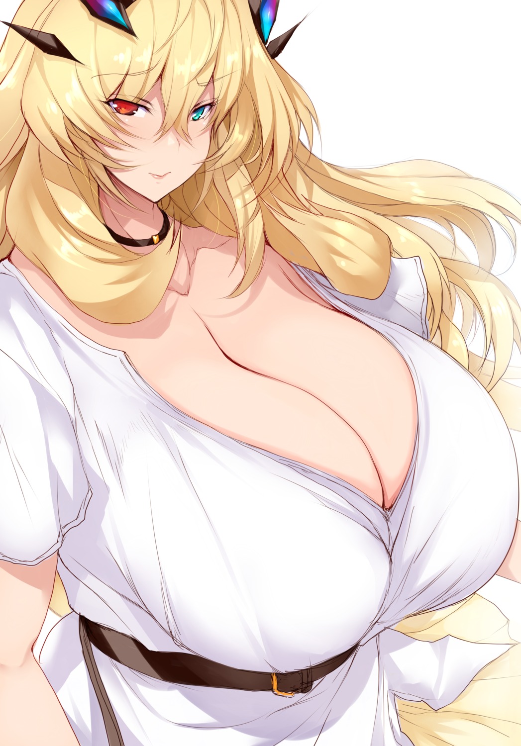 barghest, cleavage, fate/grand_order, heterochromia, horns, open_shirt, sketch, tsukasawa_takamatsu