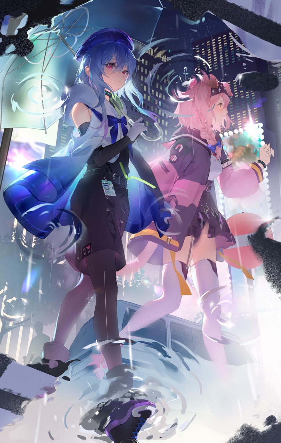 arknights, goldenglow_(arknights), mizuki_(arknights), pantyhose, softkittywarmkitty, stockings, thighhighs, trap, umbrella