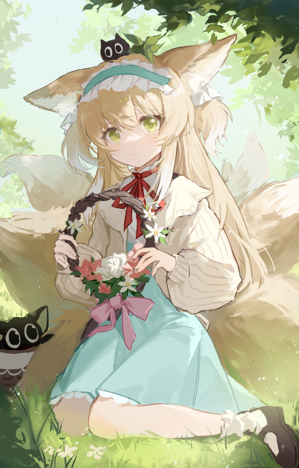 animal_ears, arknights, hakutoukinkinko, kitsune, suzuran_(arknights), sweater, tail