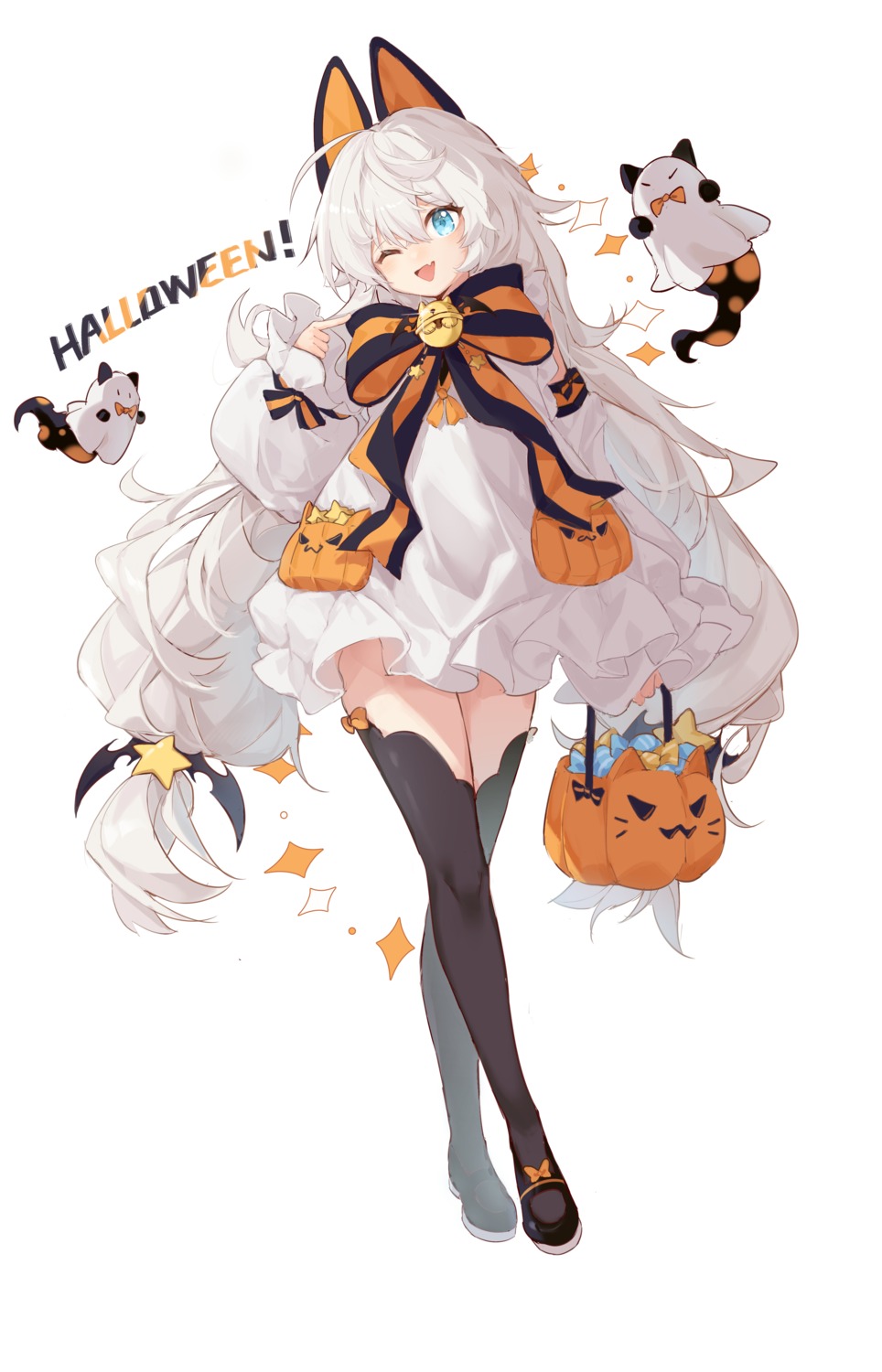 animal_ears, dress, hakutoukinkinko, halloween, nekomimi, thighhighs