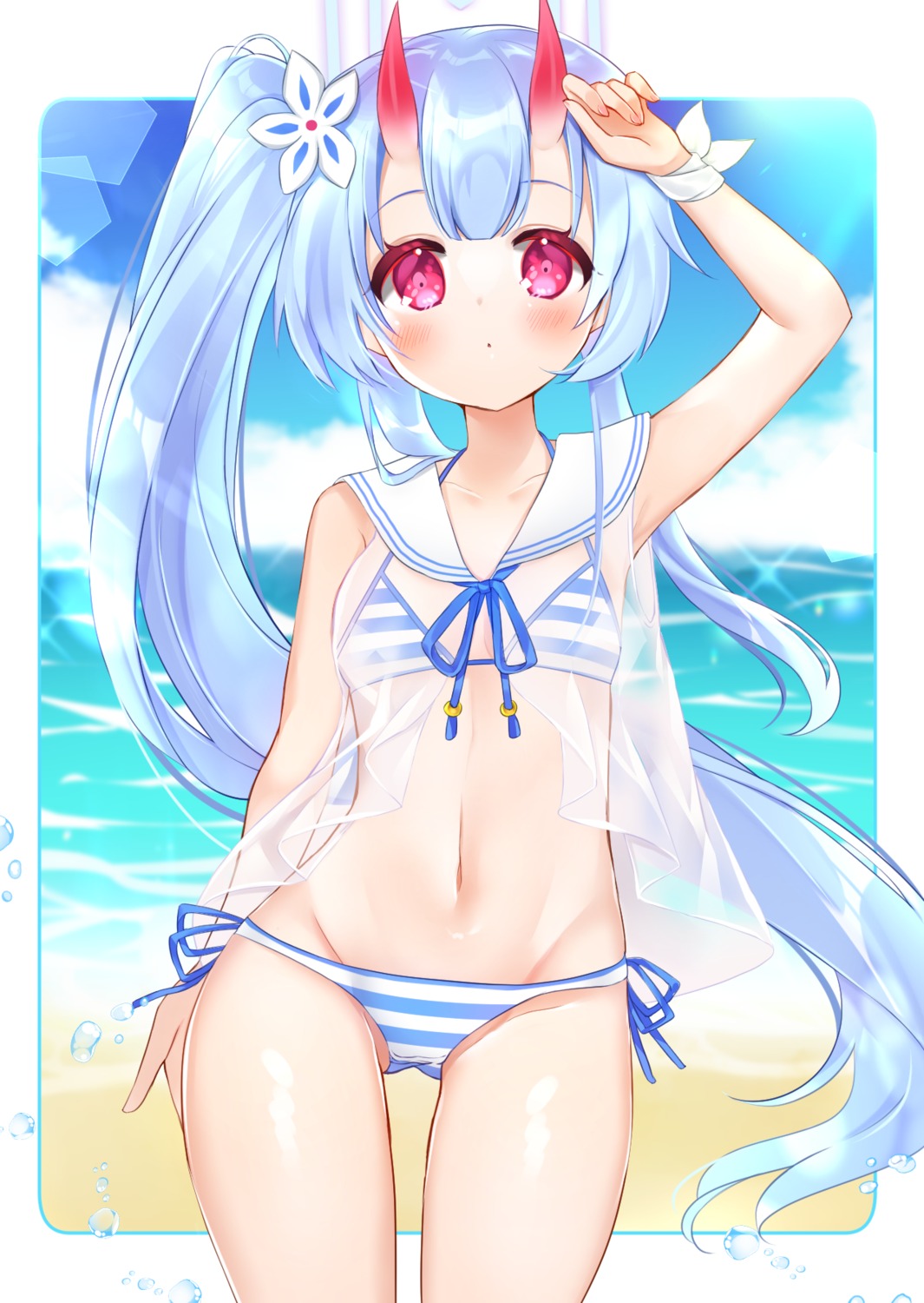 bikini, blue_archive, halo, horns, see_through, shikito, swimsuits, waraku_chise