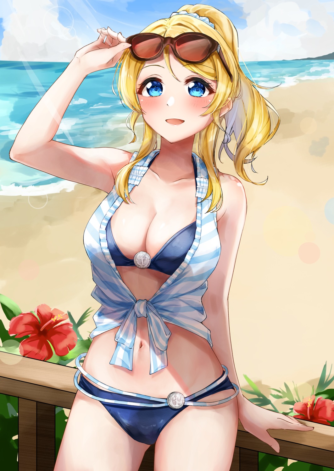 ayase_eli, bikini, cleavage, love_live!, love_live!_(series), megane, open_shirt, swimsuits, yoshinon_(yoshinon_kotori)