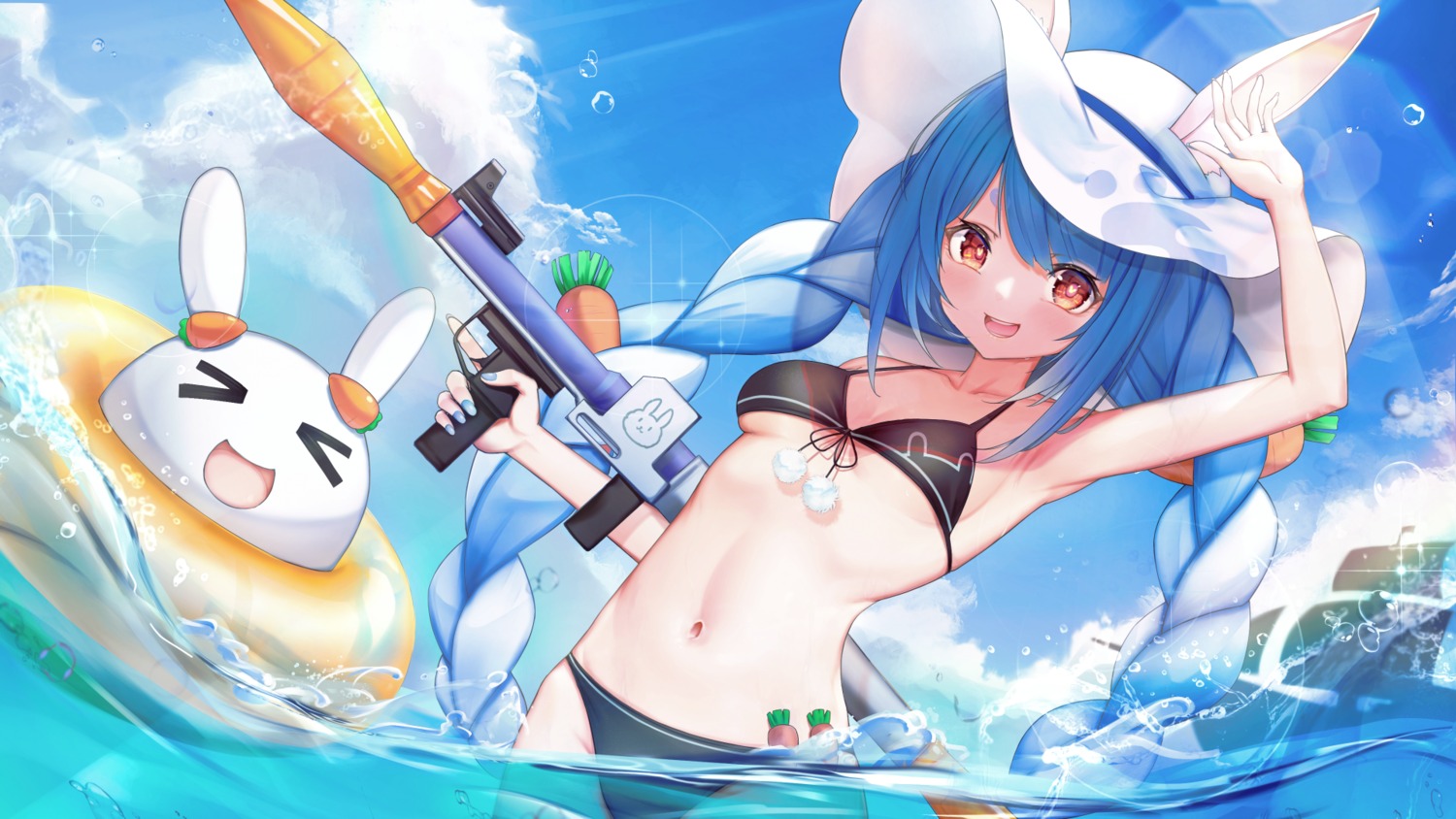 animal_ears, bikini, bunny_ears, gun, hololive, monkey1468, swimsuits, usada_pekora, wallpaper, wet