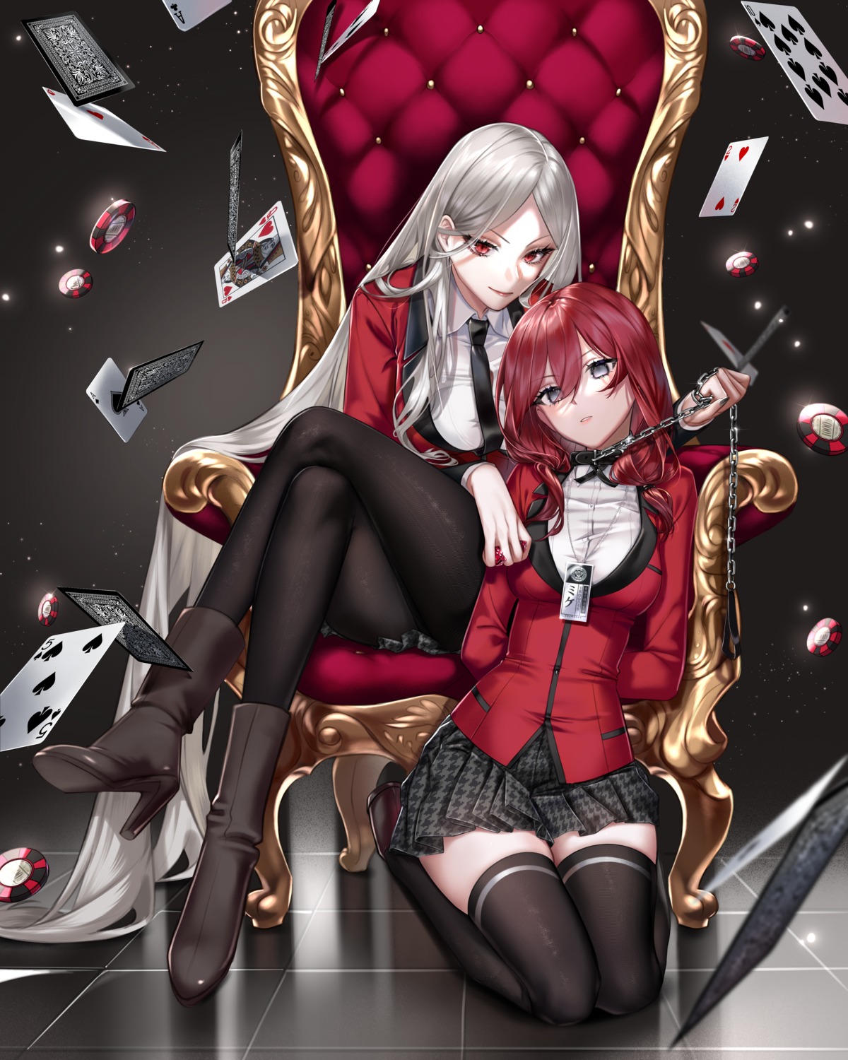 heels, juraku_sachiko, kakegurui, pantyhose, ringeko-chan, sado_mikura, seifuku, thighhighs