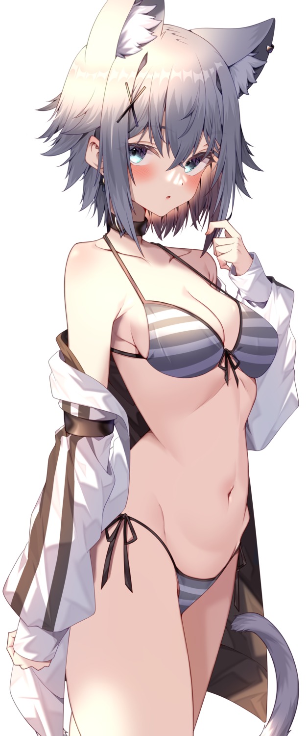 animal_ears, bikini, jun_(aousa0328), open_shirt, swimsuits, tail