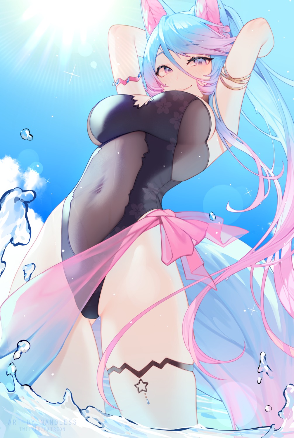 animal_ears, garter, indie_virtual_youtuber, nanoless, see_through, silvervale, swimsuits, tail, wet