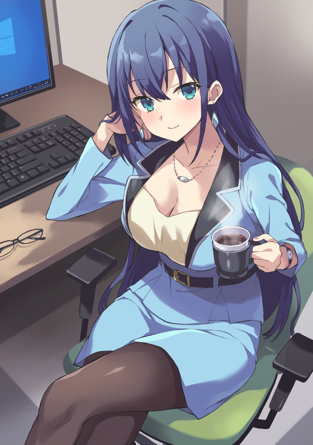 artist_revision, business_suit, cleavage, engage_kiss, pantyhose, rasahan, yuugiri_ayano