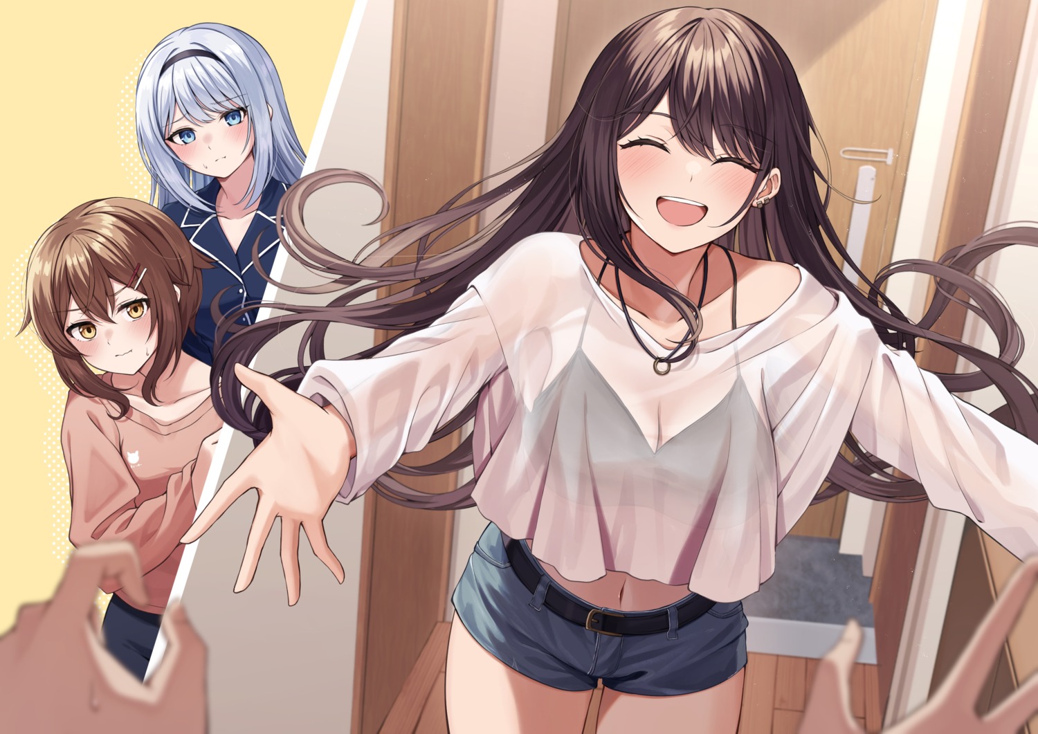 akihara_amane, cleavage, cool_na_megami-sama_to_issho_ni_sundara_amayakashi_sugite_ponkotsu_ni_shiteshimatta_ken_ni_tsuite, kuroto_yuu, mikoto_rei, pajama, sasaki_kaho, see_through