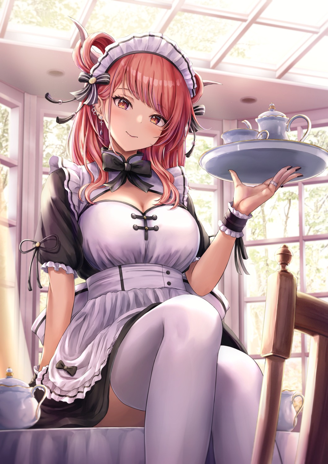 cleavage, horns, maid, skirt_lift, thighhighs, tokeshi