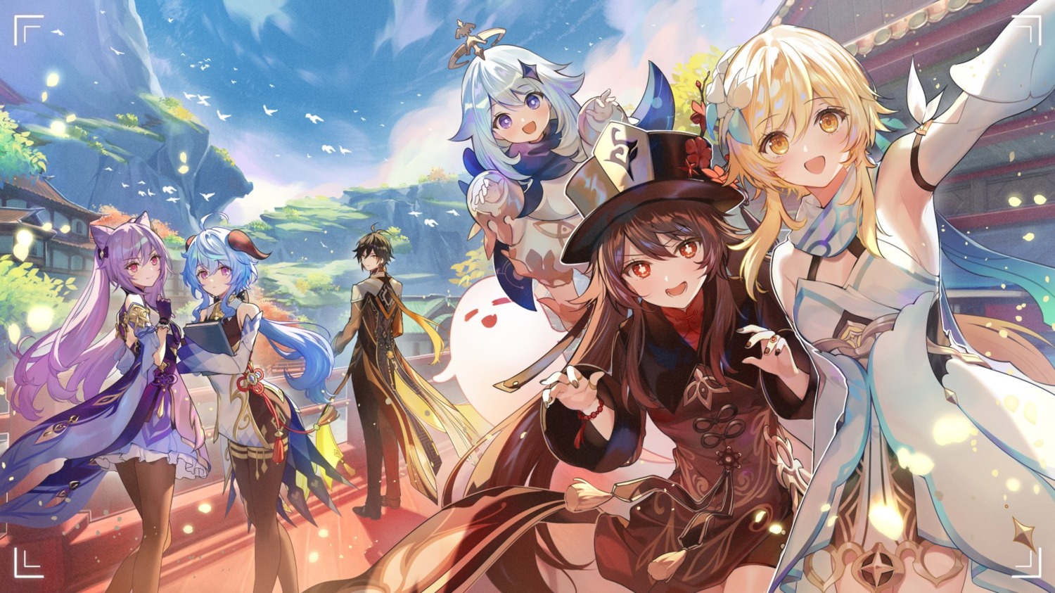 asian_clothes, dress, ganyu, genshin_impact, horns, hu_tao, keqing, lumine, necomi, no_bra, paimon, pantyhose, selfie, zhongli