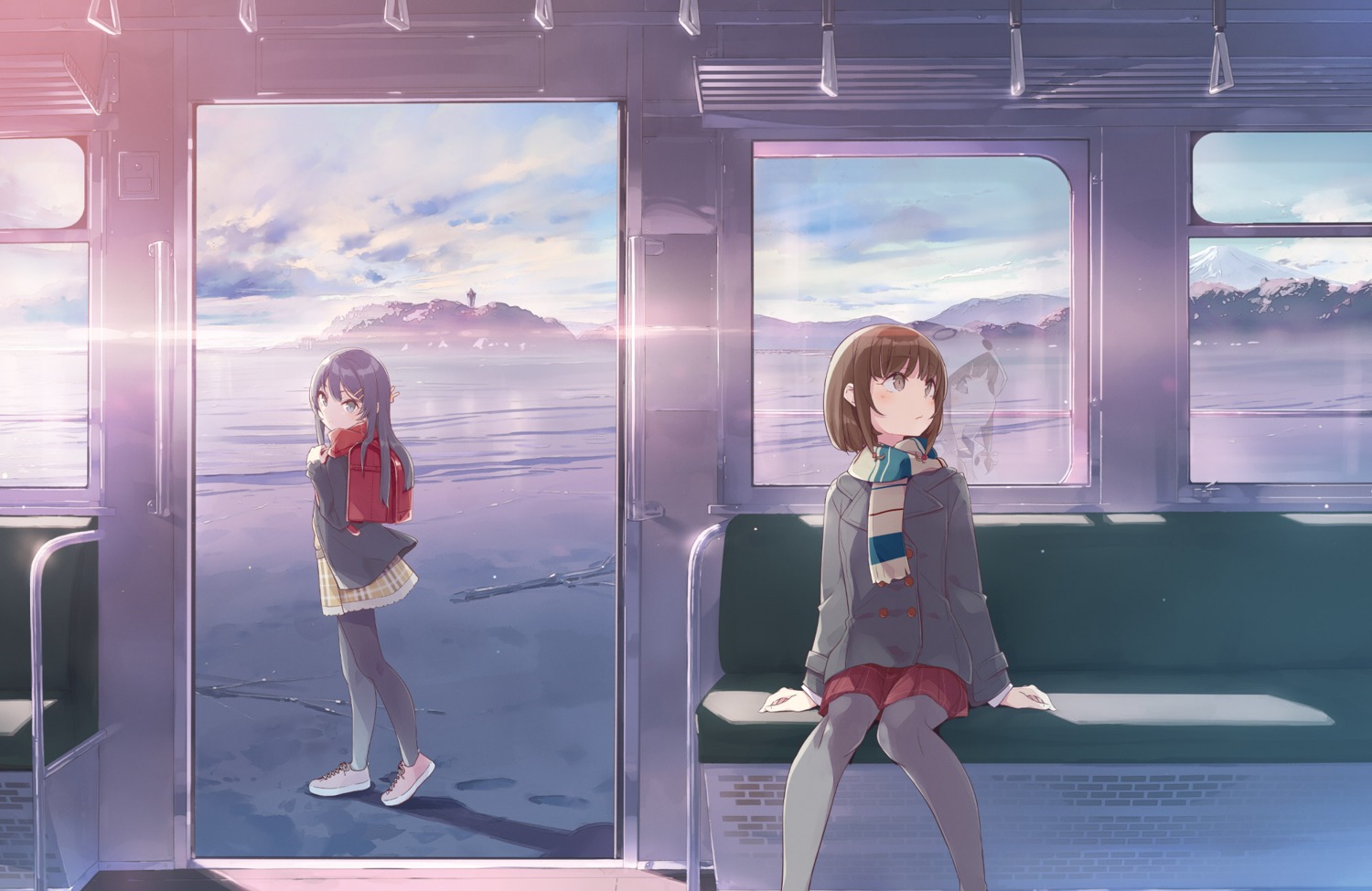 azusagawa_kaede, mizoguchi_keiji, pajama, pantyhose, sakurajima_mai, seifuku, seishun_buta_yarou