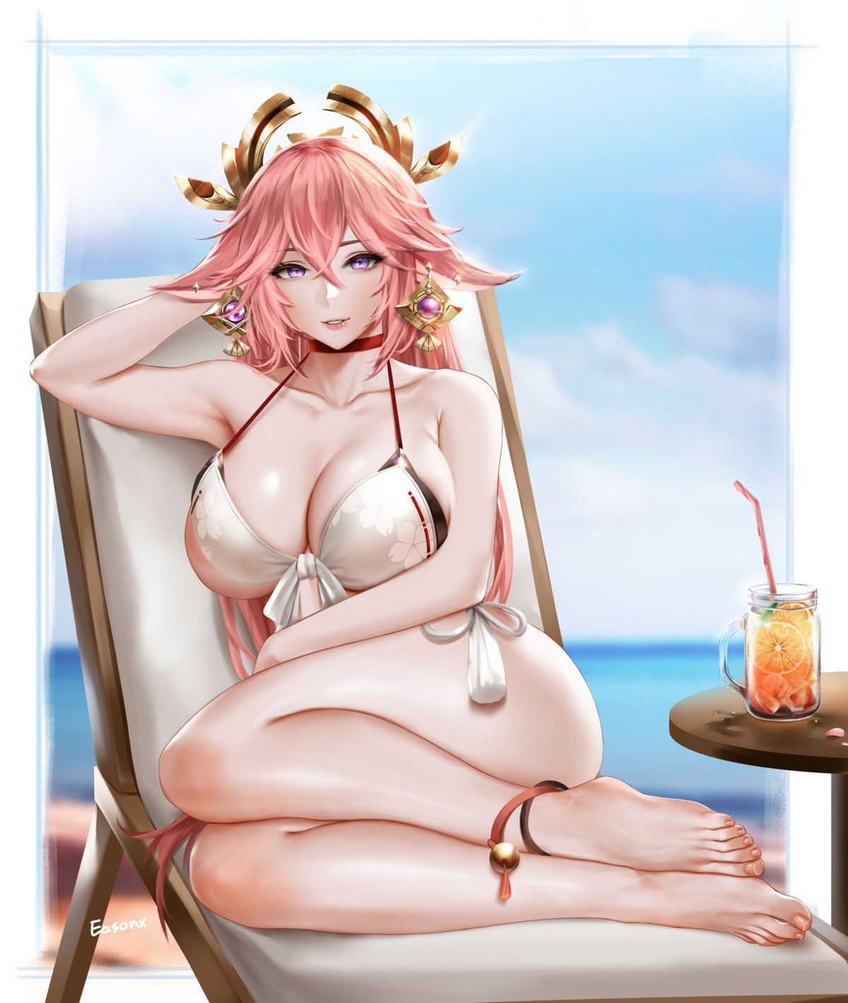 animal_ears, bikini, easonx, feet, genshin_impact, kitsune, swimsuits, yae_miko