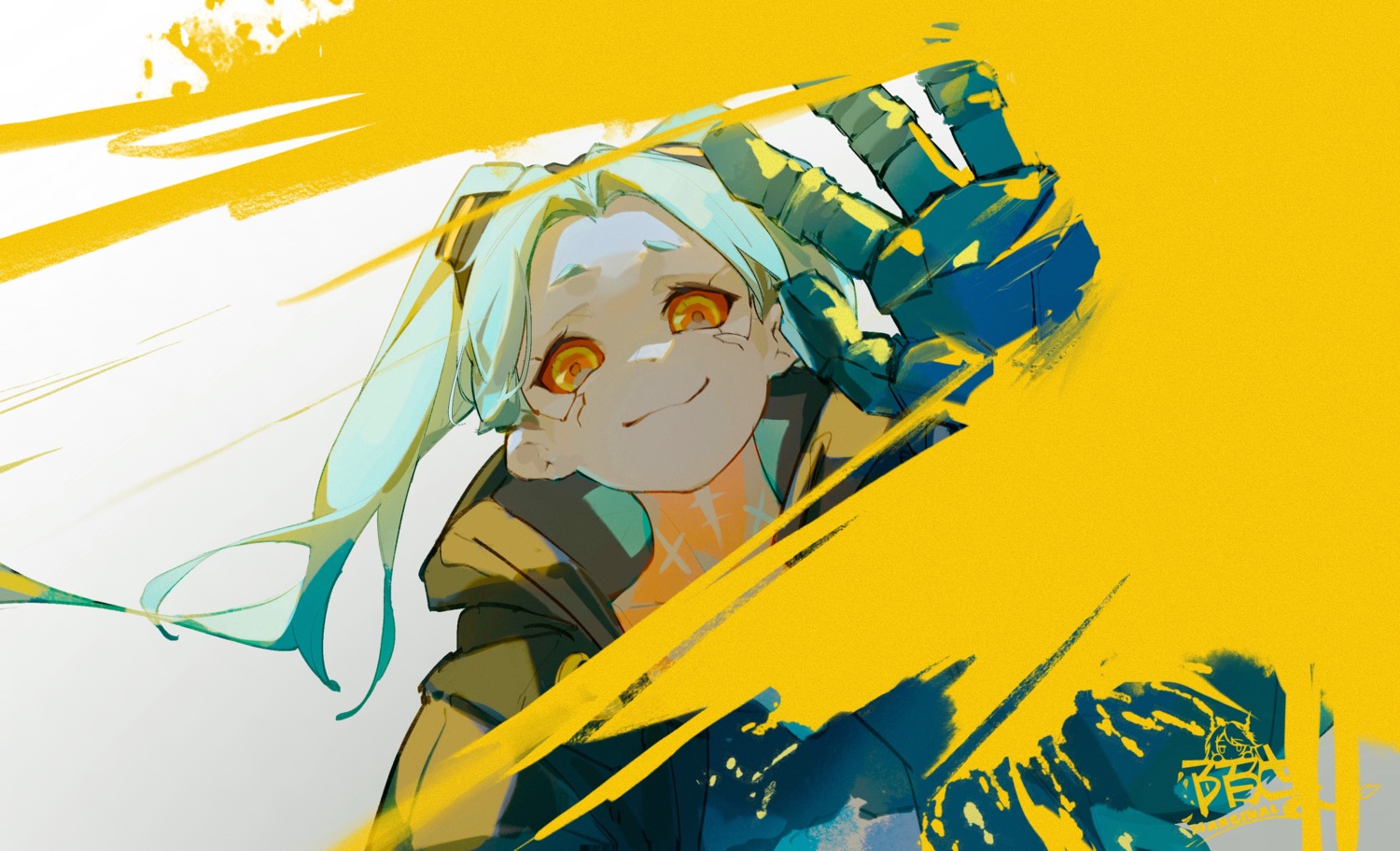 cyberpunk:_edgerunners, cyberpunk_2077, mecha_musume, moyu_marginal, rebecca_(cyberpunk), tattoo