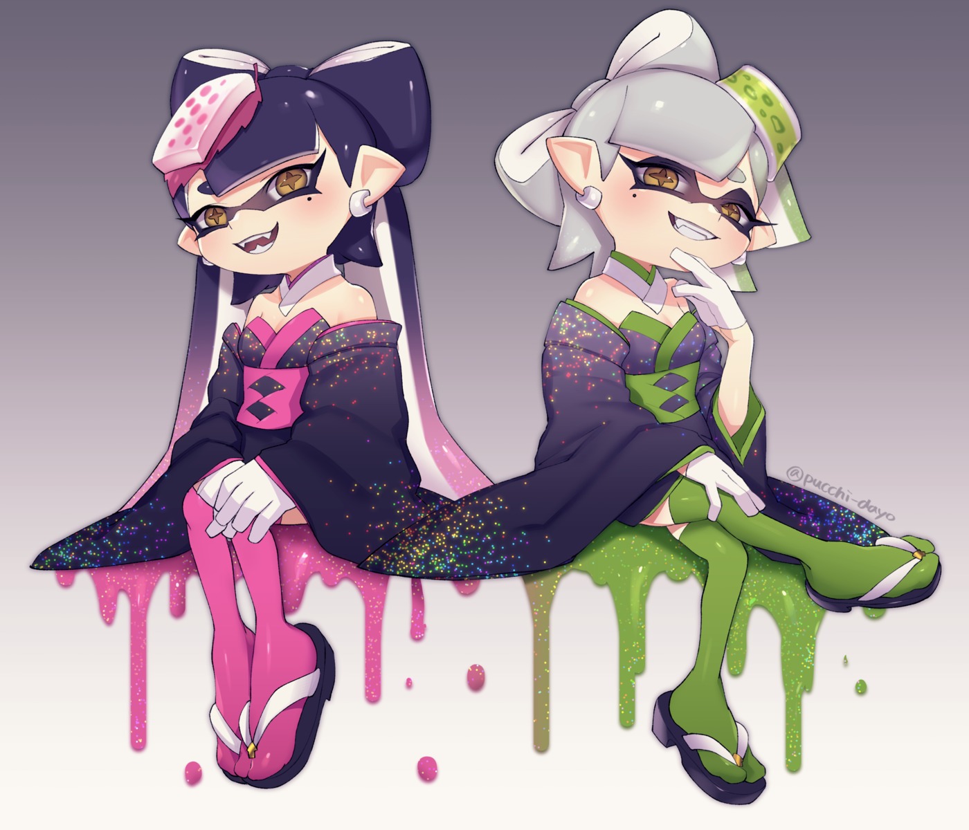 aori_(splatoon), cleavage, hotaru_(splatoon), japanese_clothes, no_bra, pointy_ears, puchiman, splatoon, thighhighs