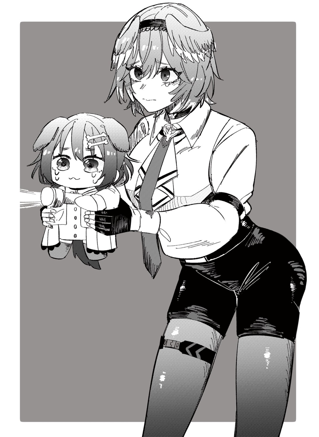 amesui, animal_ears, chibi, garter, hololive, hololive_gamers, inugami_korone, inumimi, monochrome, pantyhose, sketch, sweater, takane_lui, uniform, wings