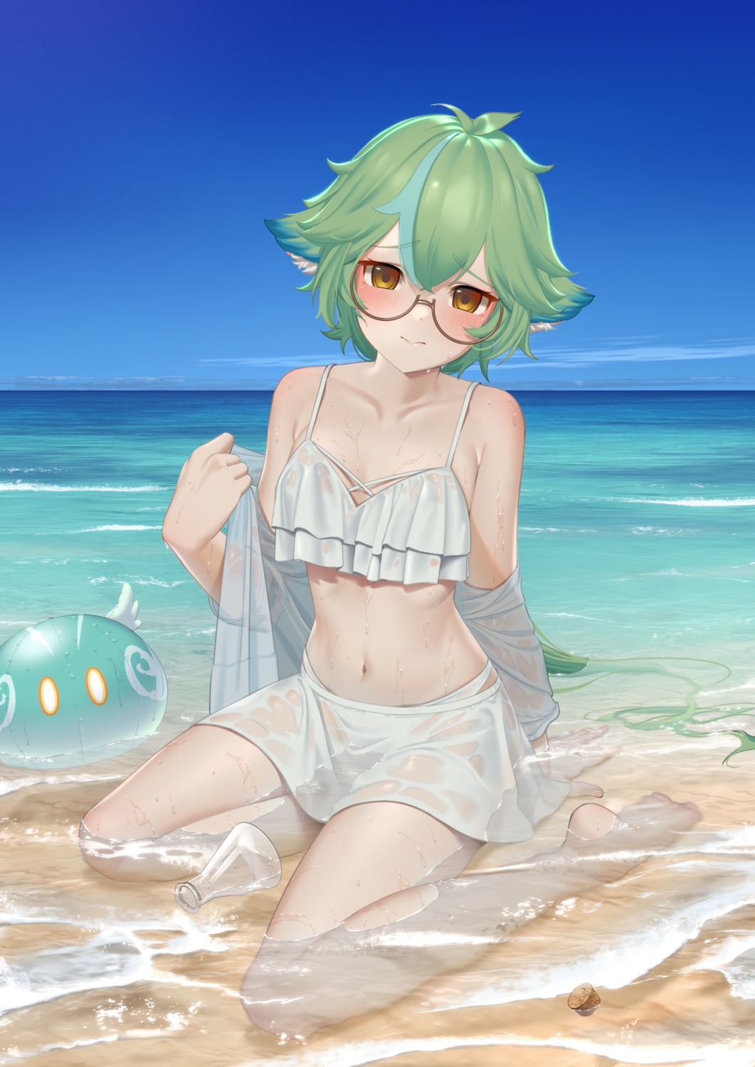 animal_ears, genshin_impact, meda, megane, see_through, sucrose, undressing, wet, wet_clothes