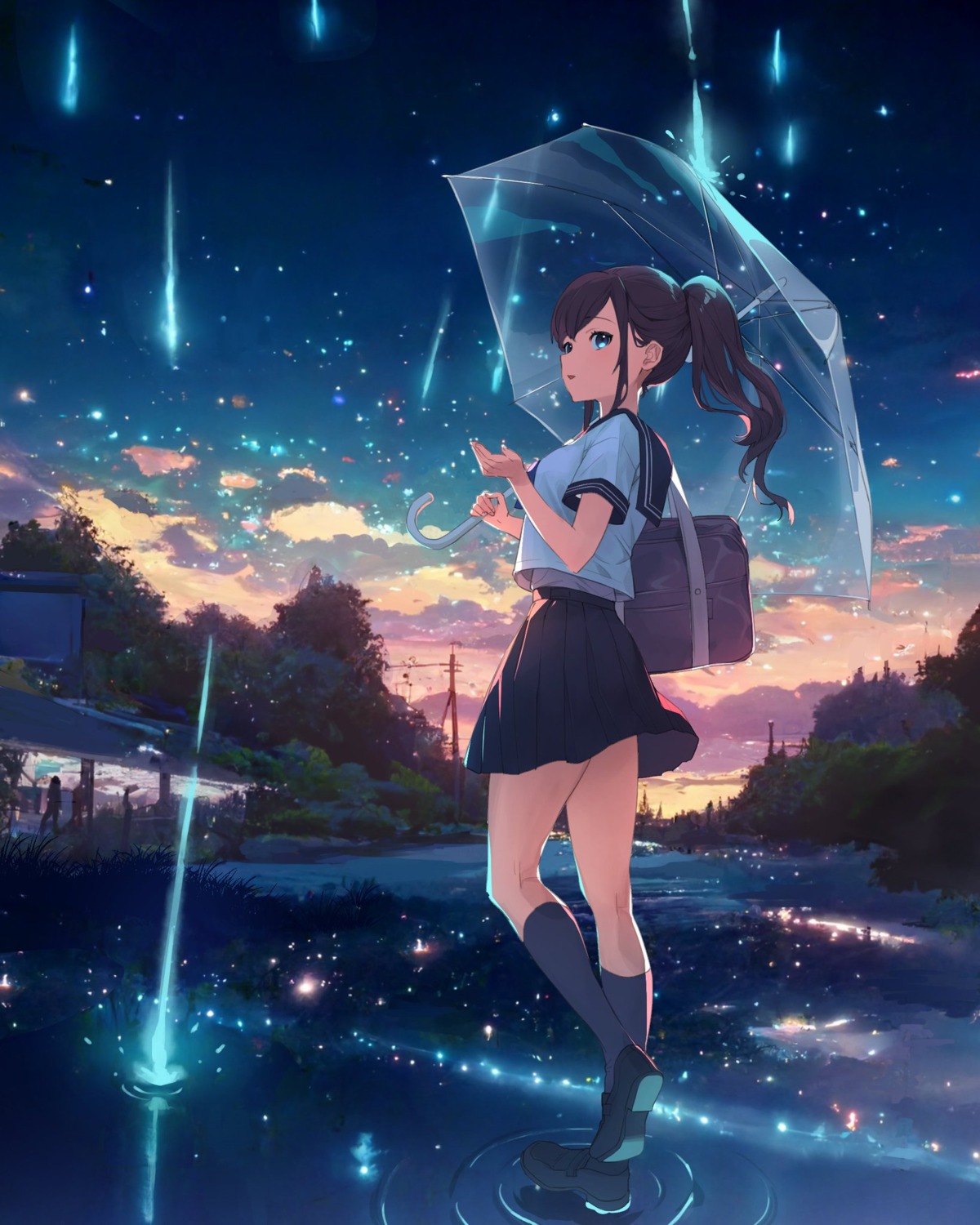 dosei, seifuku, skirt_lift, umbrella, wet