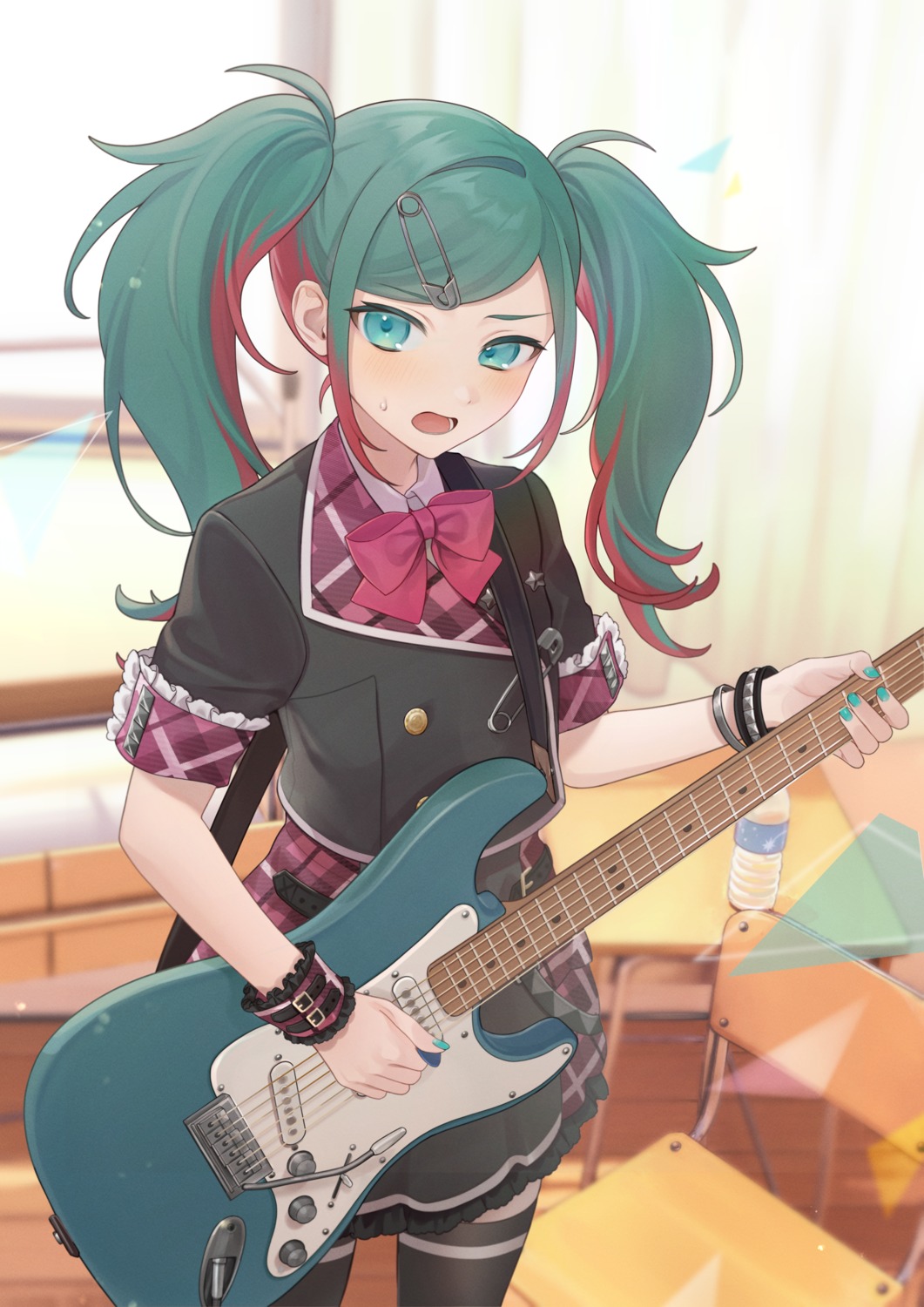 guitar, hatsune_miku, mell°, project_sekai, thighhighs, uniform, vocaloid