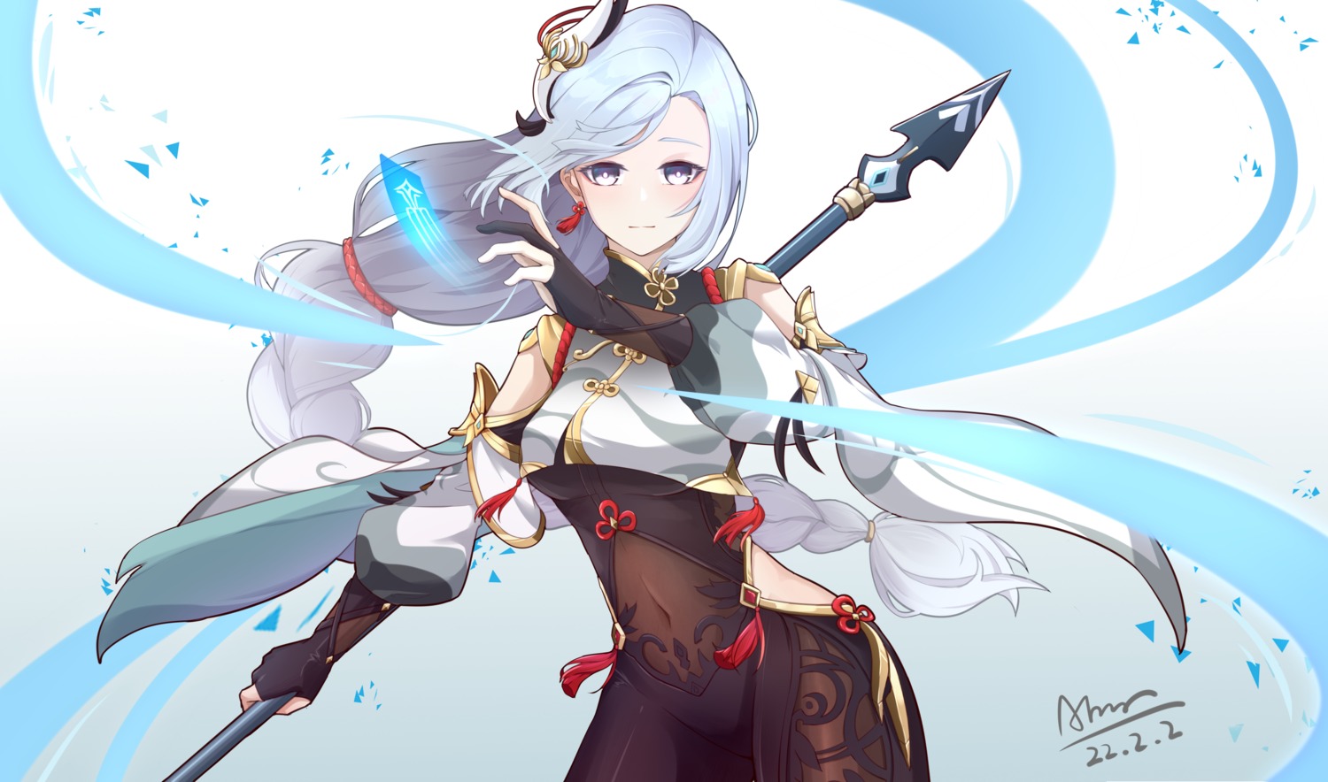 asian_clothes, bodysuit, chiyo_akira, genshin_impact, shenhe, weapon