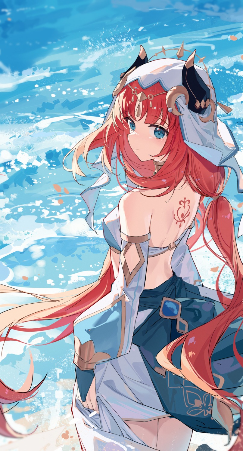 genshin_impact, horns, nilou, no_bra, tattoo, yajuu