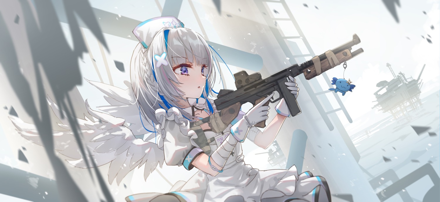 amane_kanata, angel, bandages, gun, hololive, juu_p, nurse, wings