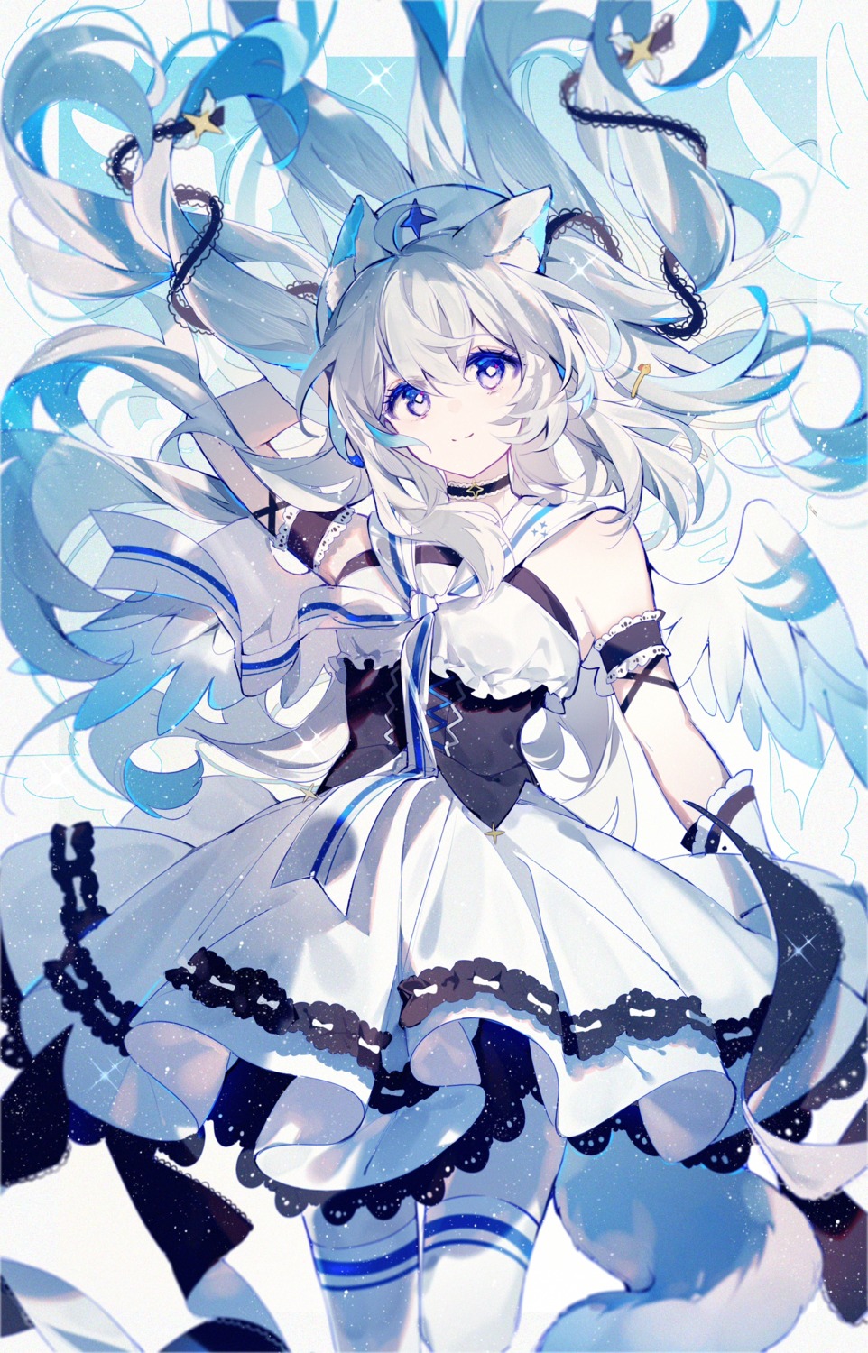 animal_ears, dress, indie_virtual_youtuber, qianqianjie, skirt_lift, tail, thighhighs, wings