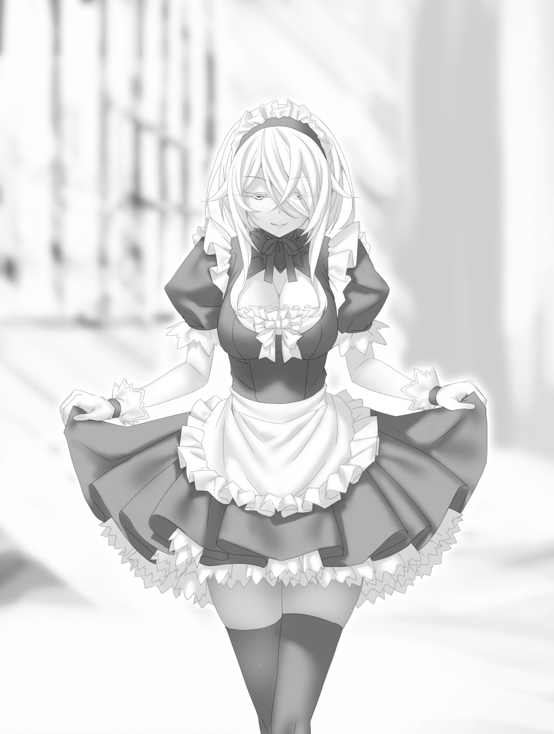 kannatsuki_noboru, magical★explorer, maid, monochrome, nanami_(majieku), skirt_lift, thighhighs