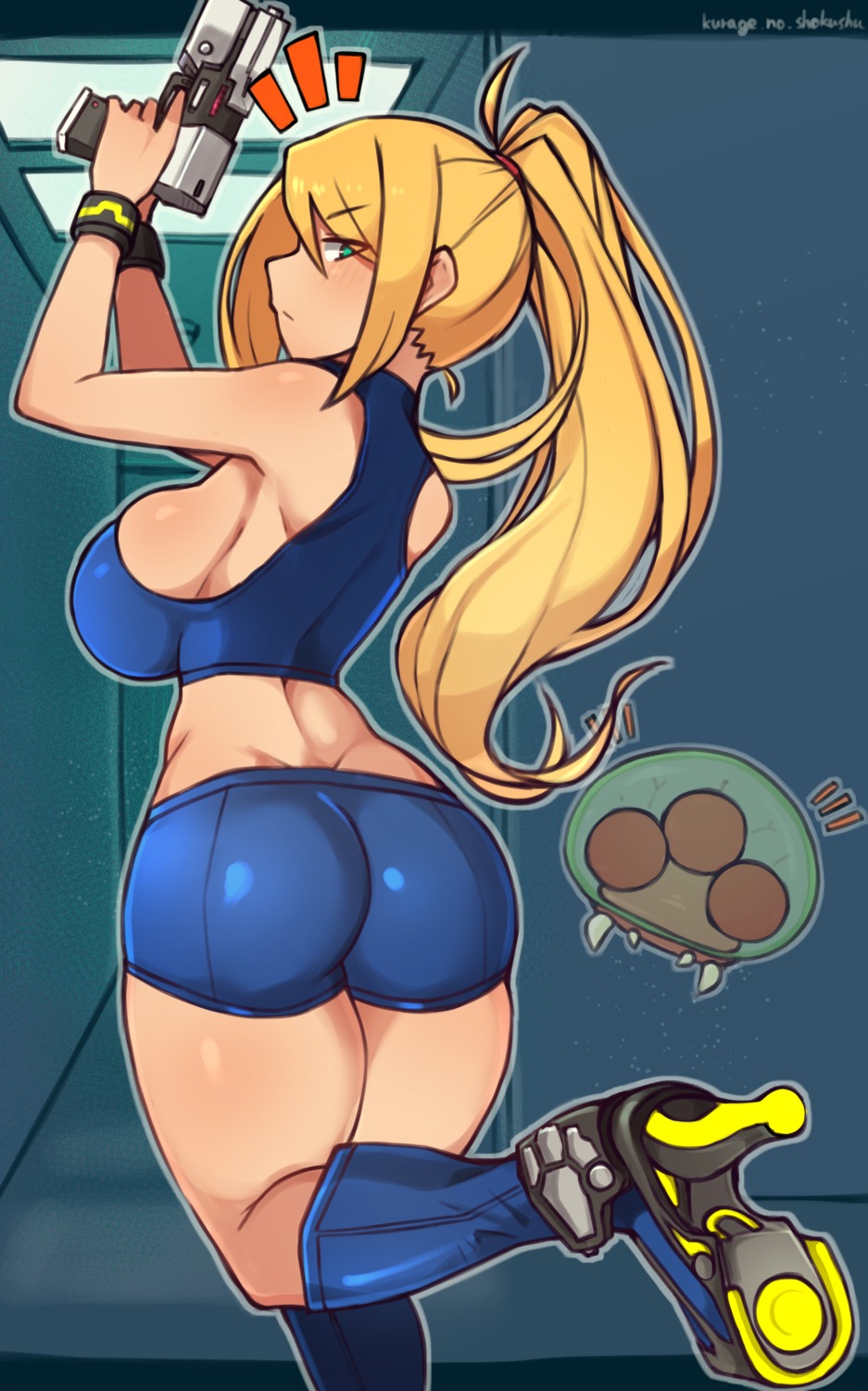 ass, gun, heels, metroid, metroid_(creature), samus_aran, umitsuki_(kurage_no_shokushu)