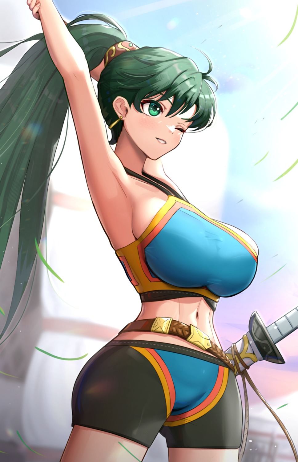 bike_shorts, fire_emblem, fire_emblem:_rekka_no_ken, fire_emblem:_the_blazing_blade, gonzarez, lyndis_(fire_emblem), no_bra, weapon