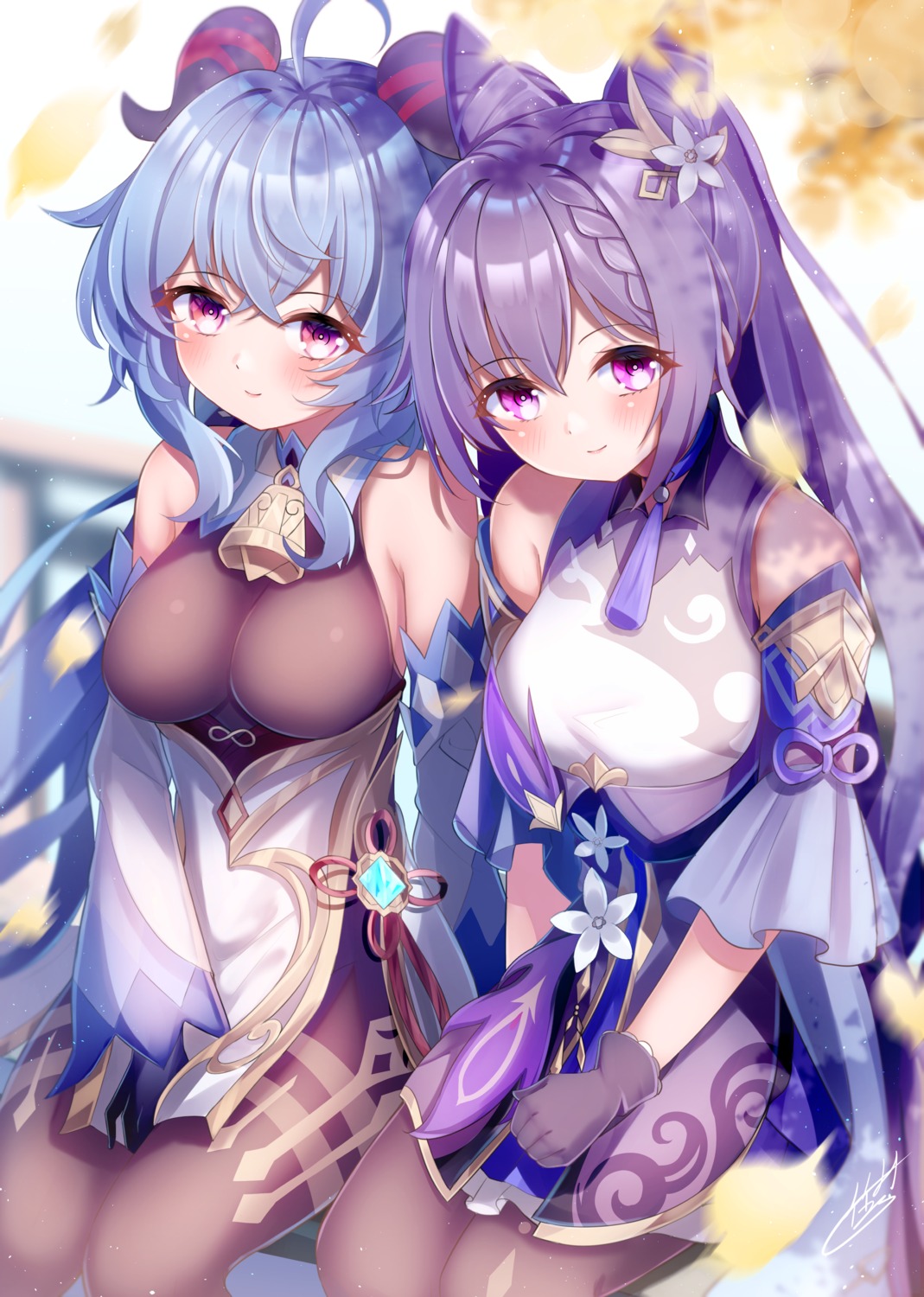 asian_clothes, ganyu, genshin_impact, horns, keqing, pantyhose, takemura_kou