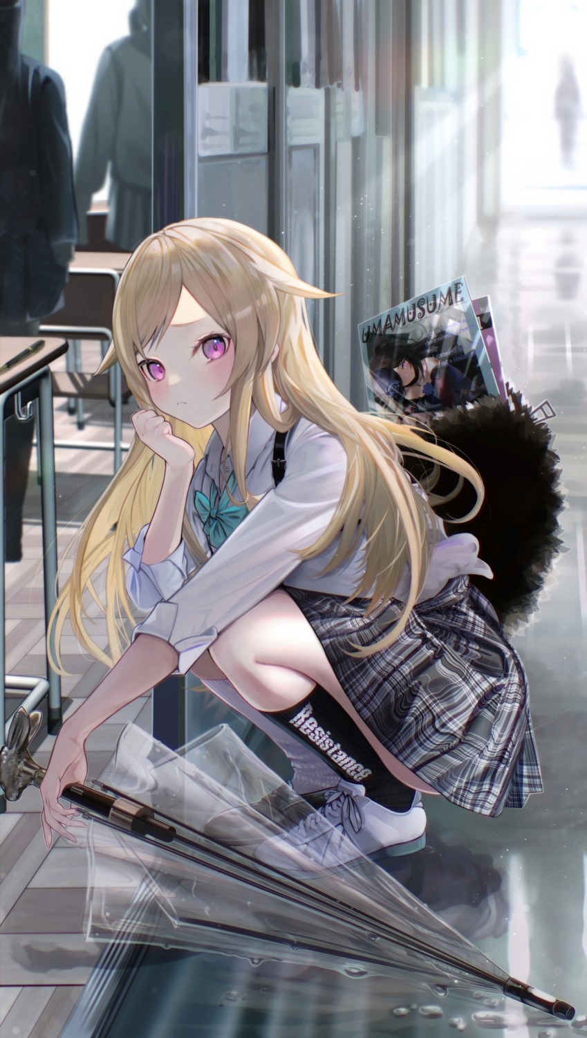 fugutai_ten, seifuku, skirt_lift, umbrella, wet