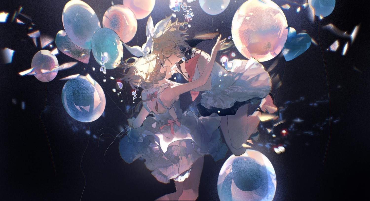 dress, kagamine_rin, lobelia_(saclia), skirt_lift, vocaloid, yuri