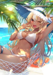 bikini, elf, garter, hololive, kitazume_kumie, pointy_ears, shiranui_flare, swimsuits