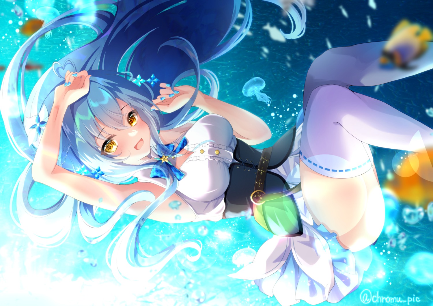 hololive, shirakumo_kuromu, thighhighs, wet, yukihana_lamy