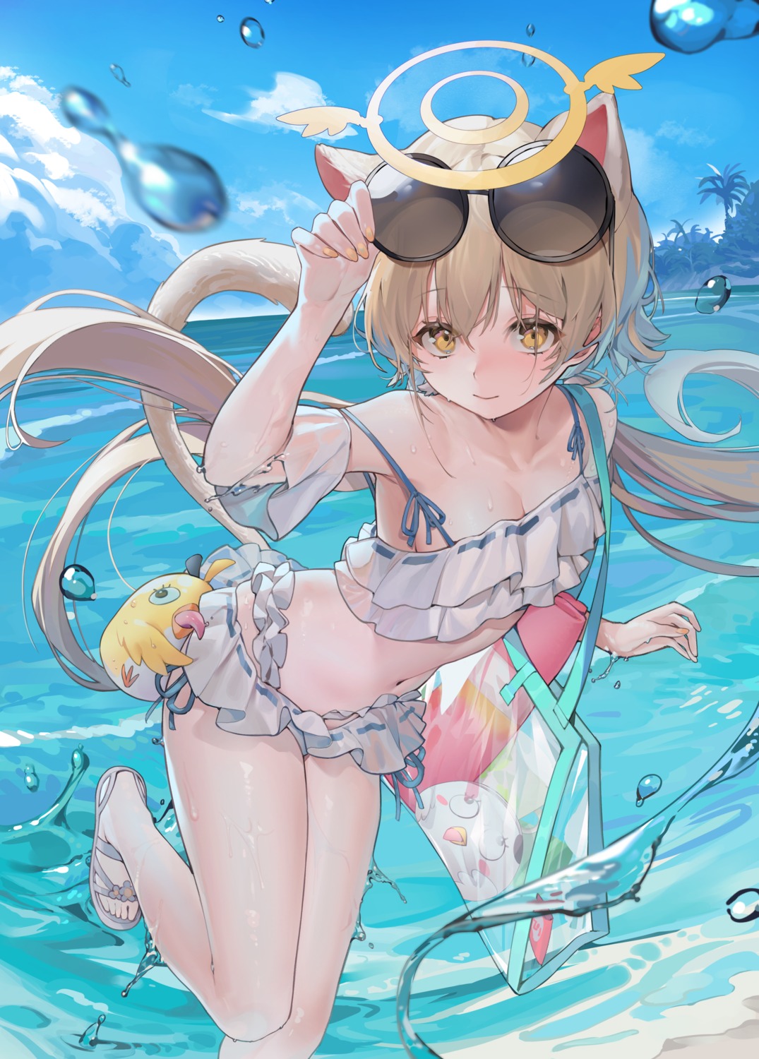 ajitani_hifumi, animal_ears, bikini, blue_archive, halo, megane, nekomimi, see_through, skirt_lift, swimsuits, tail, wet, yuqian_dai_dao_de_tuz