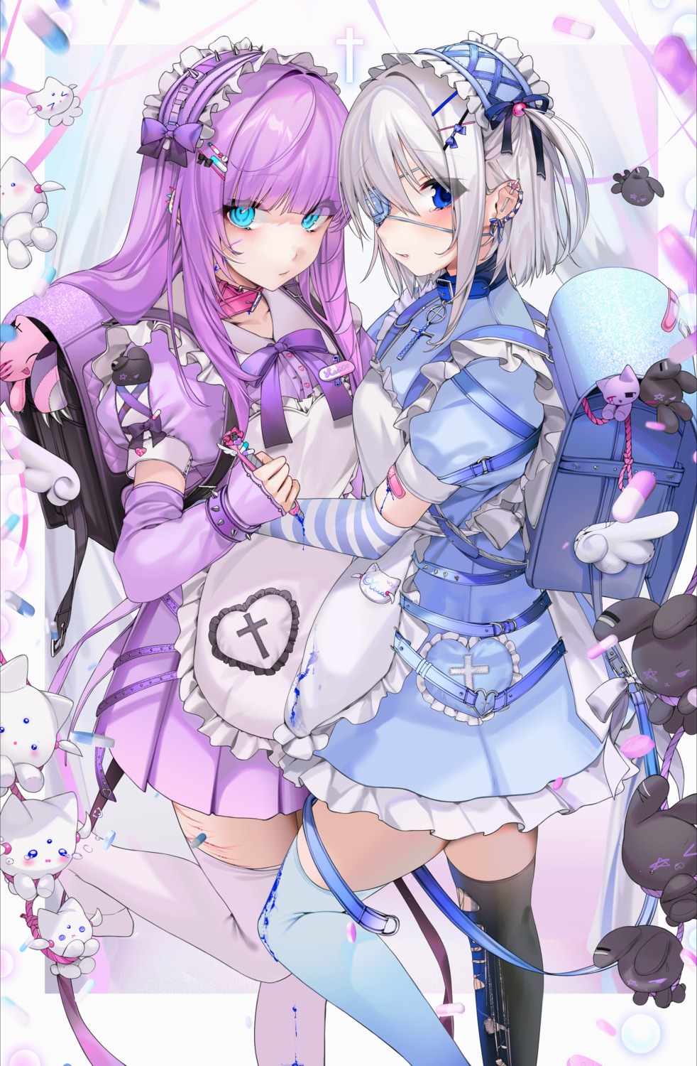blood, eyepatch, lolita_fashion, luna_(unxi), olivia_(unxi), thighhighs, torn_clothes, unxi