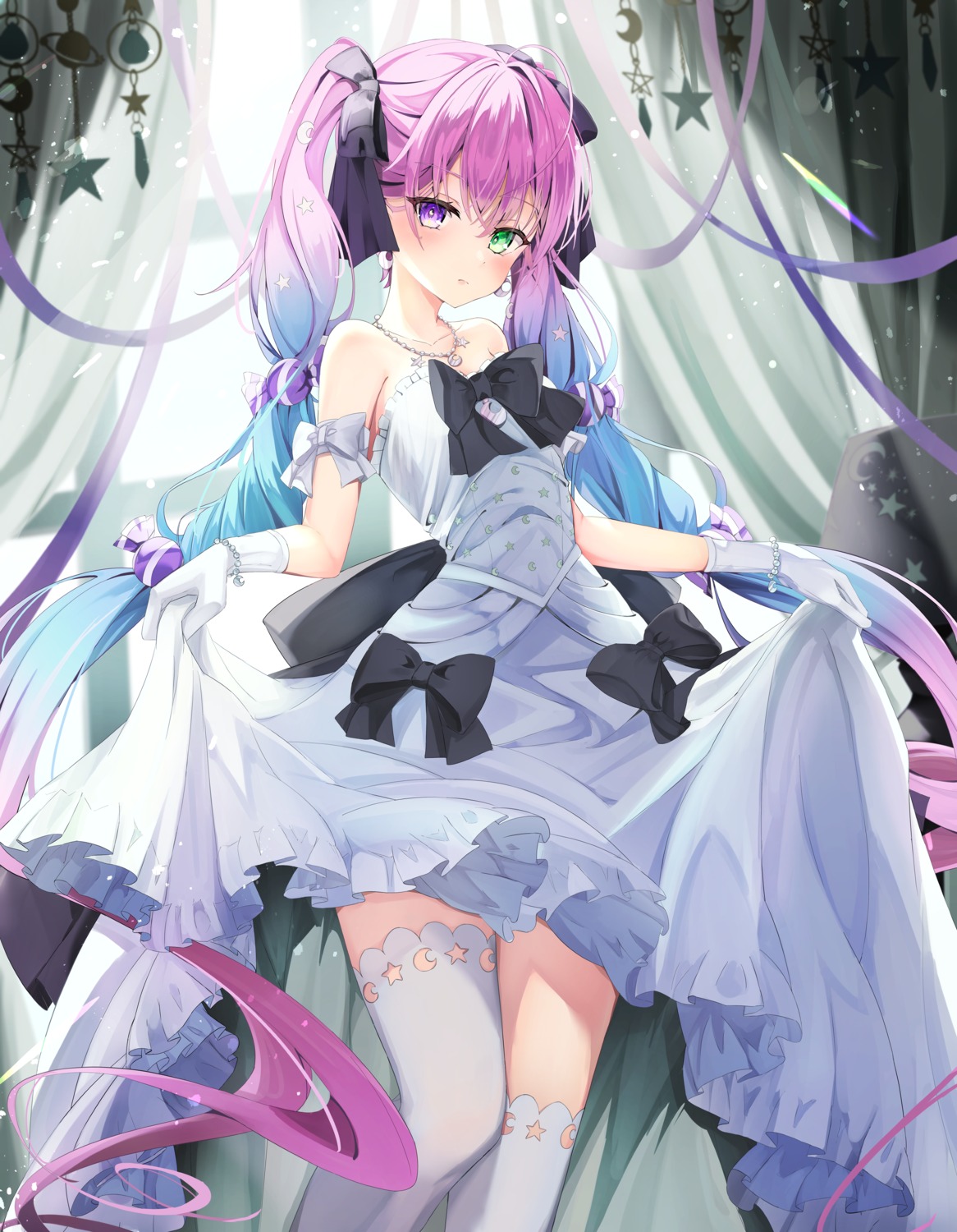 dress, heterochromia, himemori_luna, hololive, sinrin_uo, skirt_lift, thighhighs