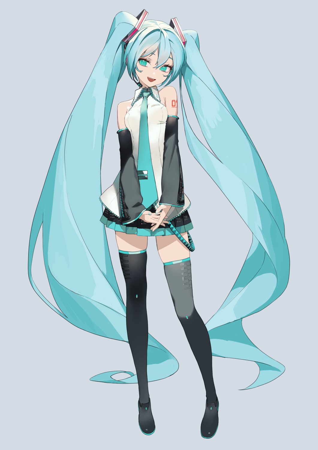 hatsune_miku, headphones, rsk_(tbhono), tattoo, thighhighs, vocaloid