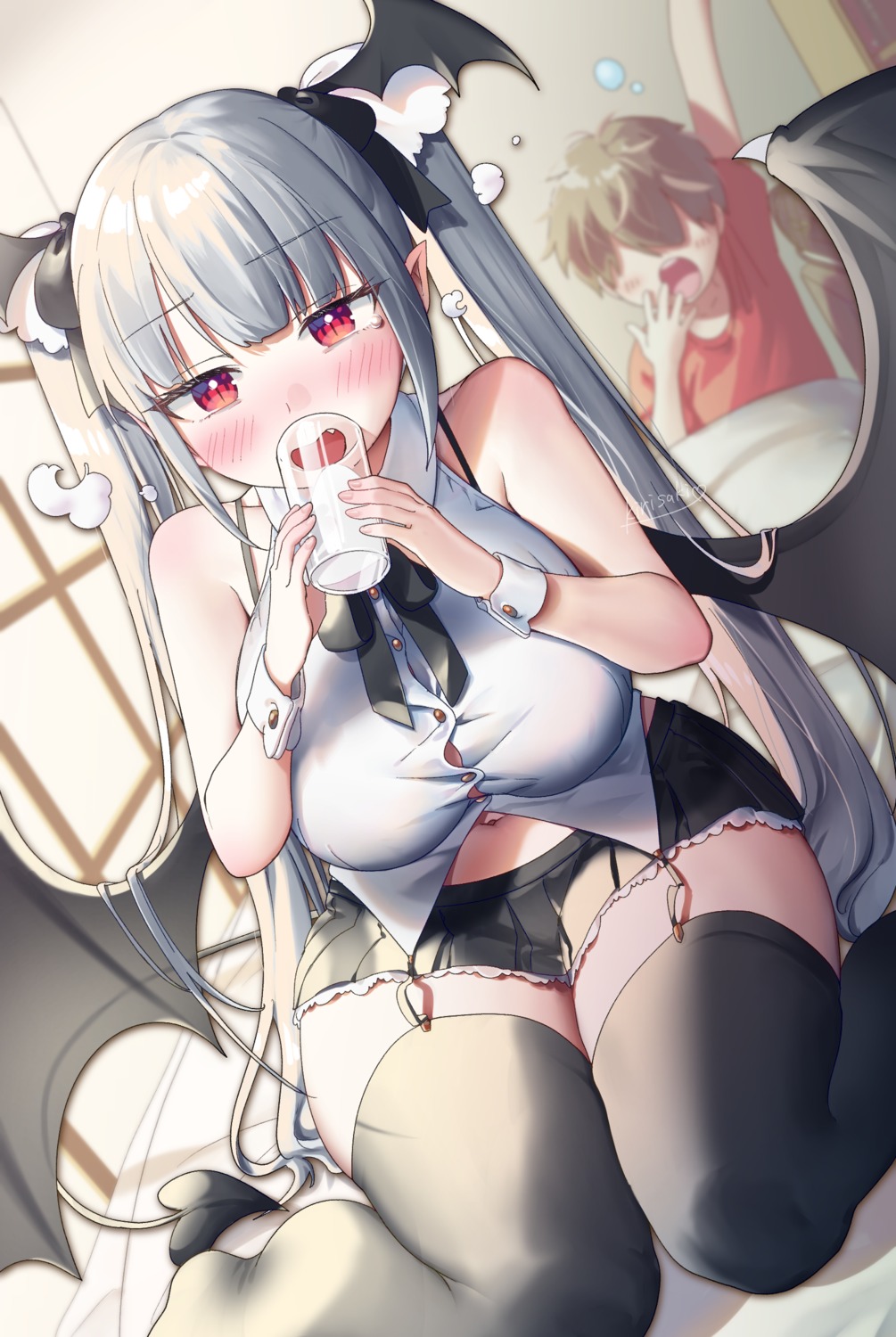 devil, kirisaki_shuusei, pointy_ears, stockings, tail, thighhighs, wings