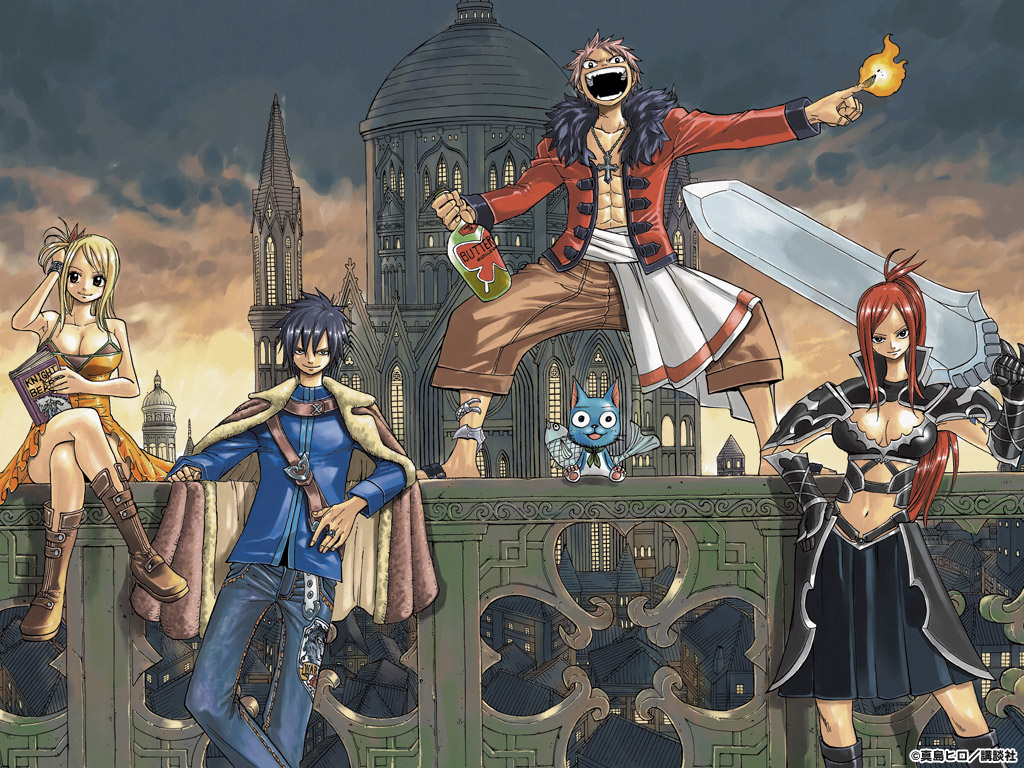 cleavage, erza_scarlet, fairy_tail, gray_fullbuster, happy_(fairy_tail), lucy_heartfilia, mashima_hiro, natsu_dragneel