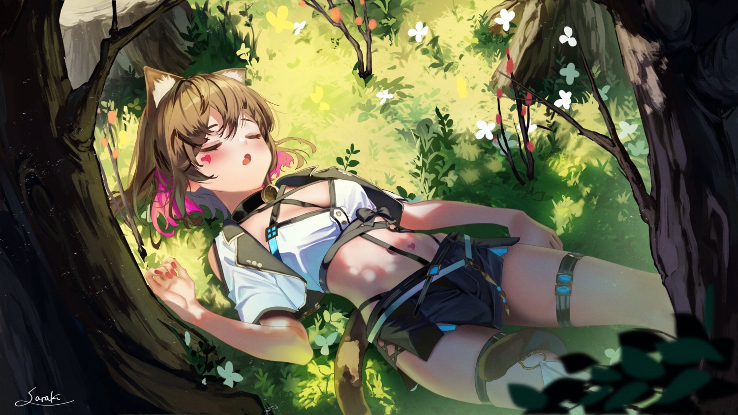 animal_ears, garter, nekomimi, saraki, tail, tattoo, thighhighs, wallpaper