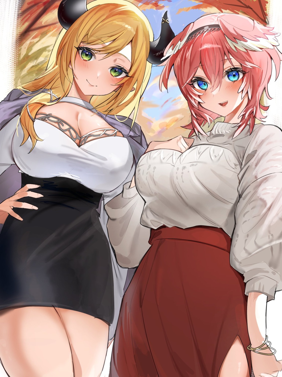 a0z0_aozo, cleavage, dress, hololive, horns, sweater, takane_lui, wings, yuzuki_choco