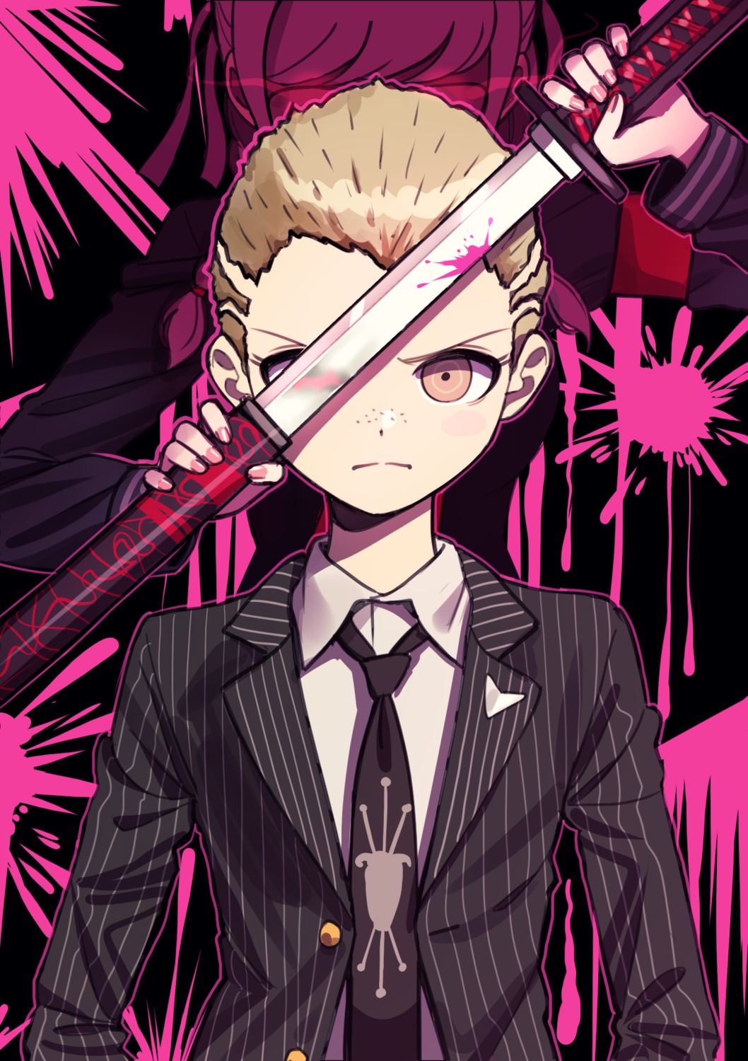 business_suit, dangan-ronpa, dangan-ronpa_2, deadnooodles, kuzuryuu_fuyuhiko, pekoyama_peko, sword