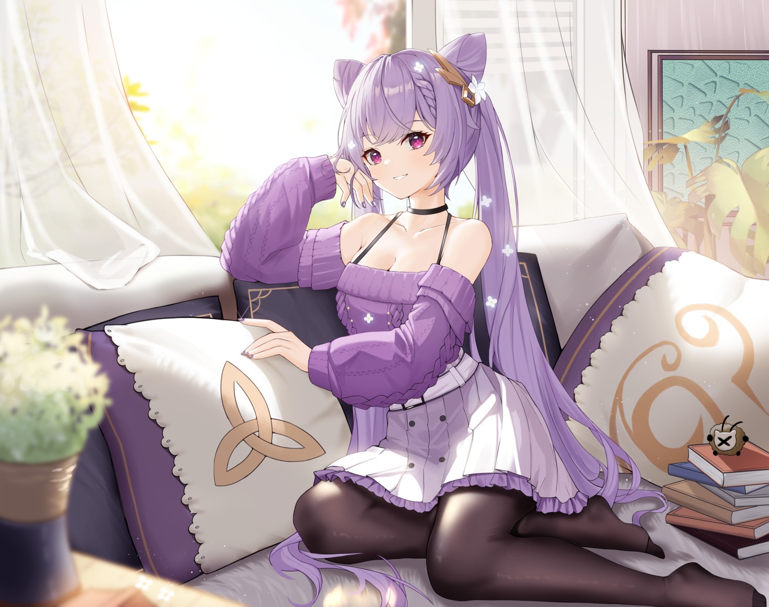 cleavage, genshin_impact, keqing, pantyhose, sweater, taw_(993004677)