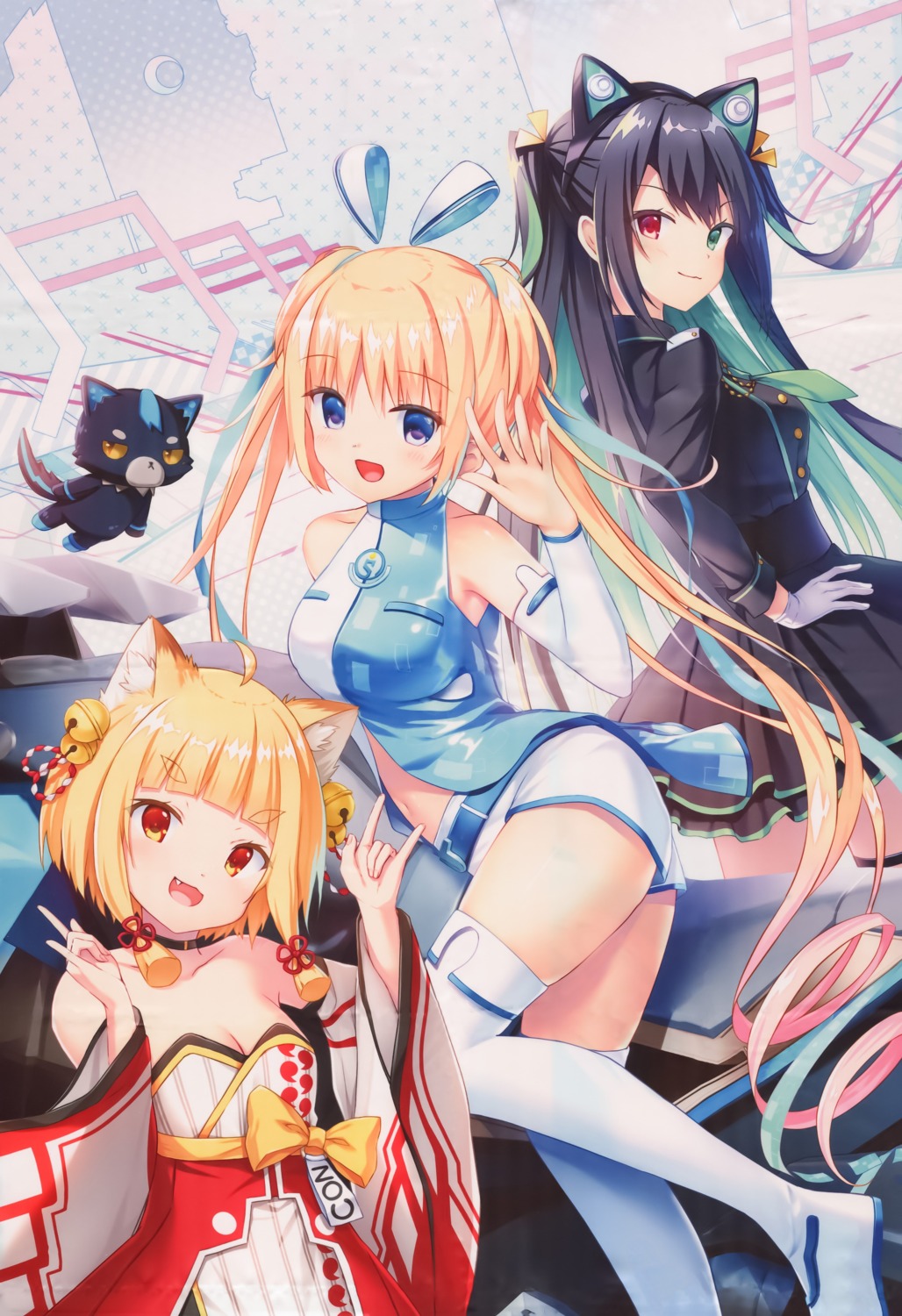 animal_ears, dress, heterochromia, humuyun, japanese_clothes, key, lunar-q, lunaria_-virtualized_moonchild-, saeki_sola, thighhighs