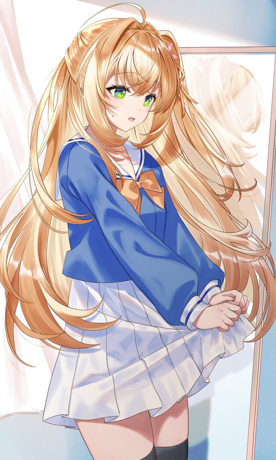 hoshikani, seifuku, skirt_lift, thighhighs